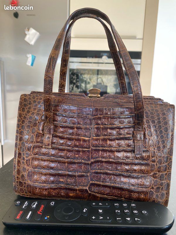 Sac à Main Vintage En Crocodile Marron Avec Gants Assortis - État Très Propre, Idéal Pour Un Look Rétro élégant