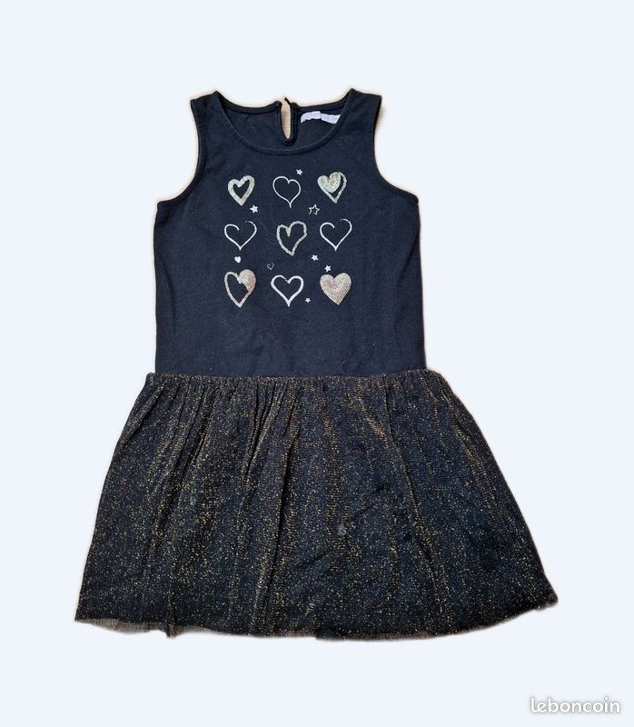 Robe Fille G KIDS Noire à Strass Dorés + Fleur - Taille 6 Ans, Sans Manches - Occasion Très Bon état