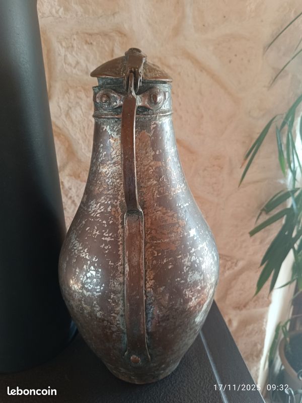 Grande aiguière ancienne en cuivre & argenture – 47 cm – pièce orientale XIXe – très décorative (image 3)