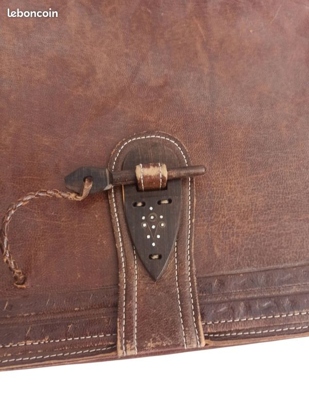 Cartable ancien en cuir années 50 ? Sac écolier vintage rétro ethnique fermeture (image 2)
