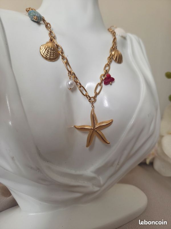 Collier à breloques soleil coquillage étoile de mer, collier surfeuse d'été, bijoux de plage personnalisés, pendentif soleil bohème en or, collier de perles tendance - France