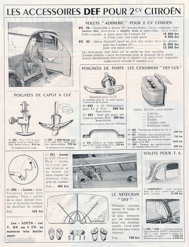 Ancienne Publicité (1998) : Accessoires DEF pour 2 CV Citroên, Poignées de capot à clé et de porte, Cendriers, Volets... (image 1)