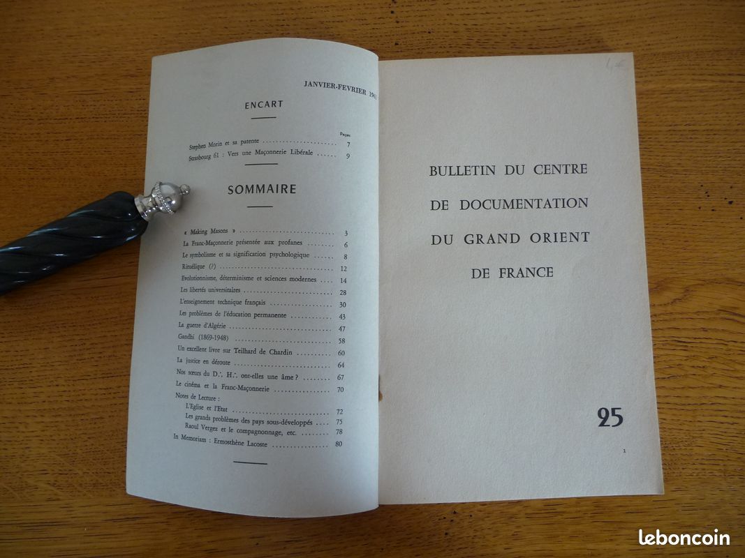 GRAND ORIENT de FRANCE - N° 25 de Janv./Fév. 1961 Le Sommaire est en photo (image 2)