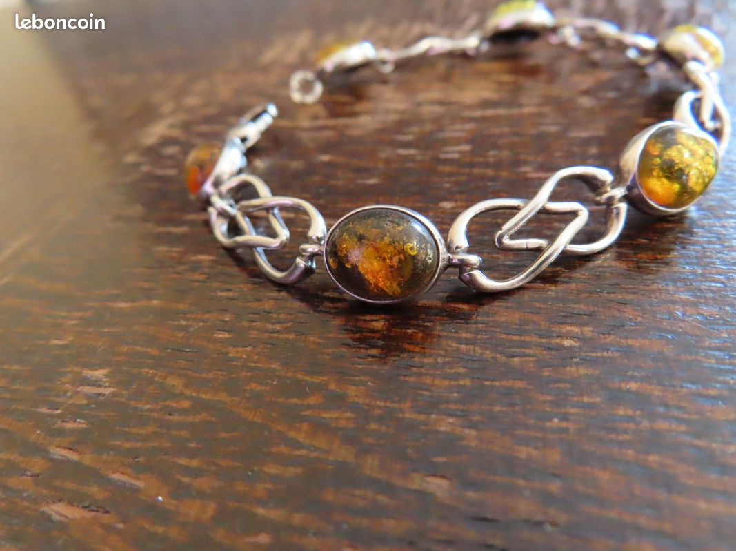 Bracelet En Argent Massif Et Ambre - Occasion - Bijou Naturel Et élégant