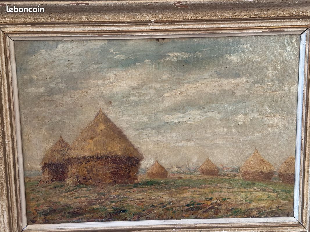 Peinture ancienne à l'huile "Les meules de foin à Ault " ( 1915) (image 1)