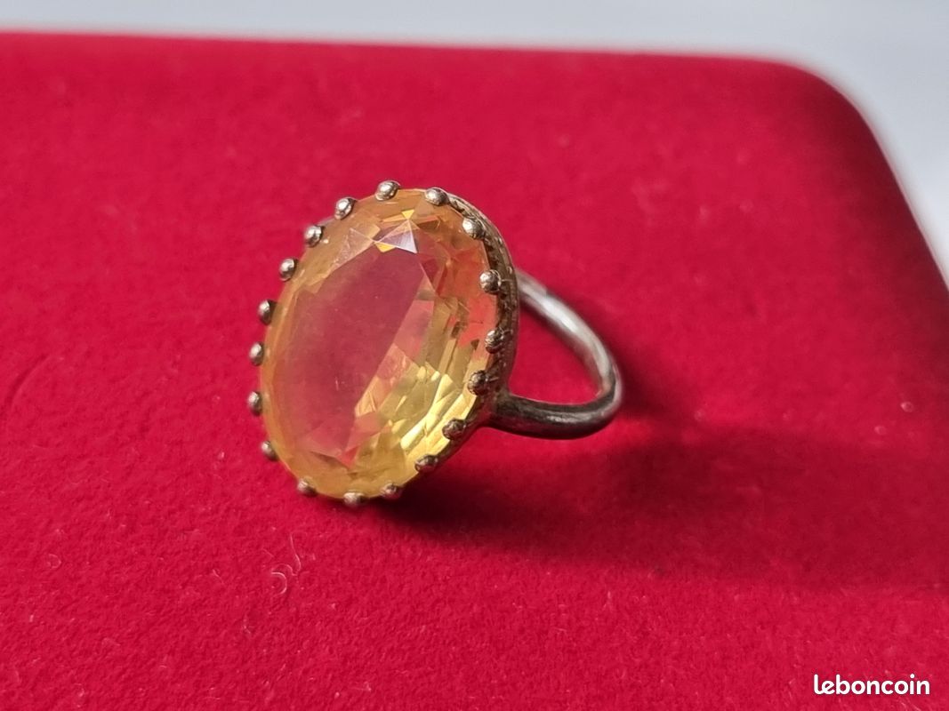 Bague En Argent Massif Avec Pierre Jaune Facettée - Taille 55 - Jolie Bague D'occasion