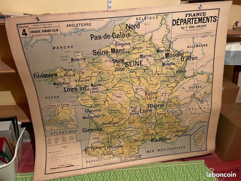 Ancienne carte de la France murale d'&eacute;cole - Antiquit&eacute;s