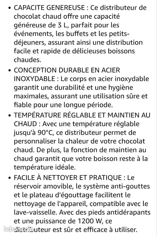 H.Koenig Distributeur à Chocolat Chaud Acier inoxydable SHK - Lot 240