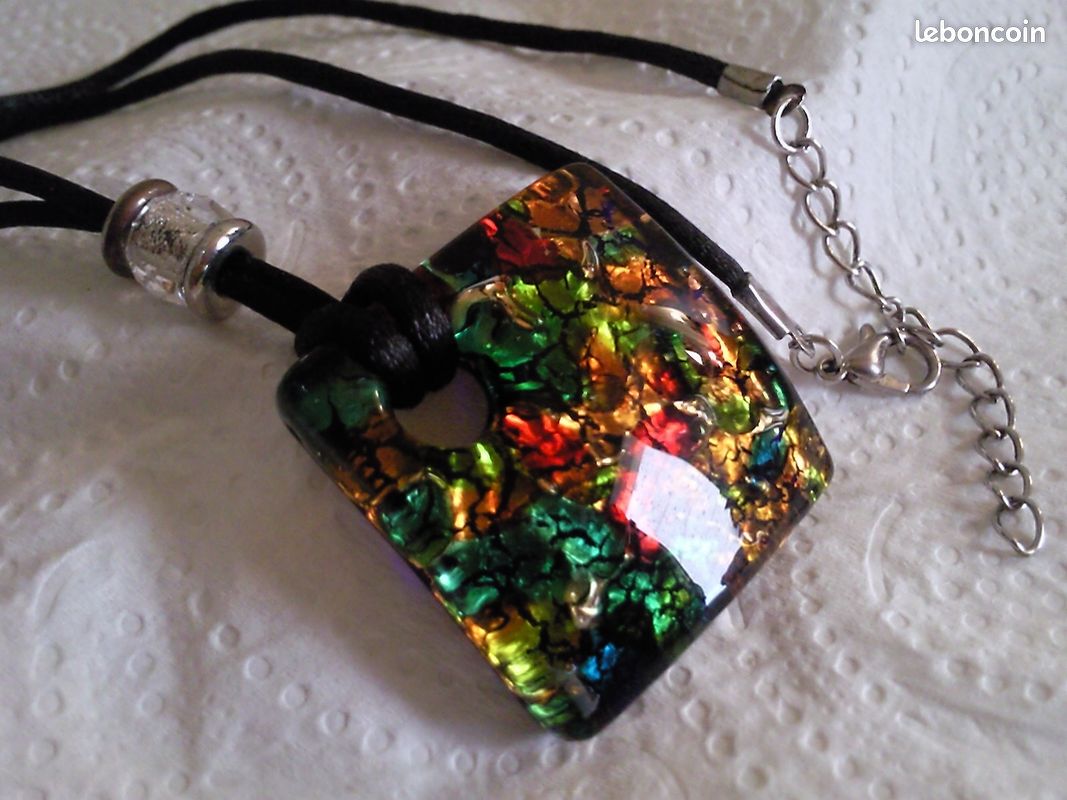 Pendentif Ancien En Verre De Murano Signé, Couleurs Ambre Et Noir, Cordon 50cm