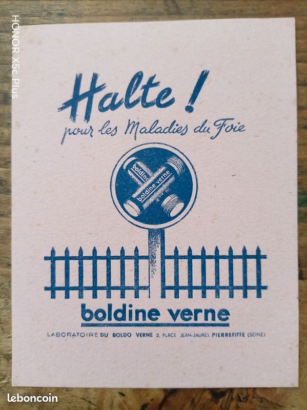 Buvard publicitaire halte pour les maladies du foie BOLDINE VERNE LABORATOIRE DU BOLDO VERNE 2 PLACE J JAURES PIEREFITTE SEINE ANNEES 1900 (image 1)
