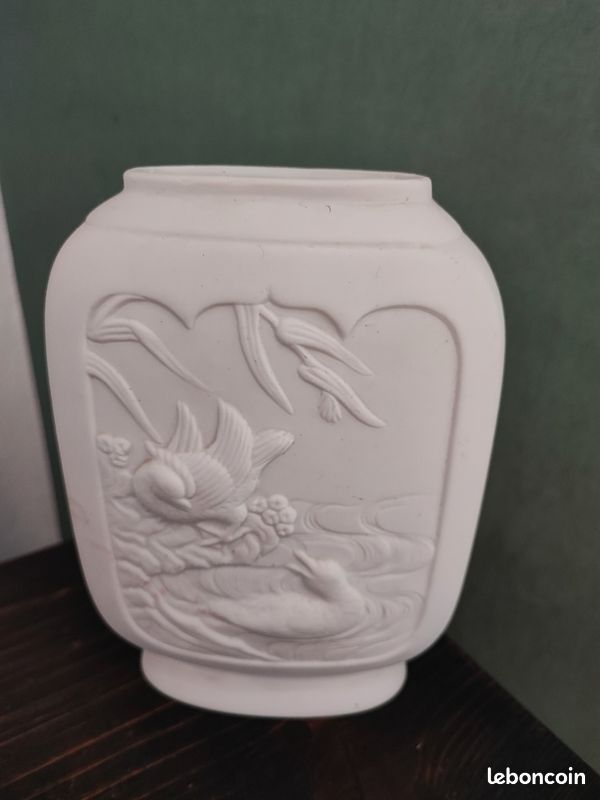 Ancien vase biscuit Marco Polo Sarreguemines, décor asiatique/ oiseau,af1604 (image 2)