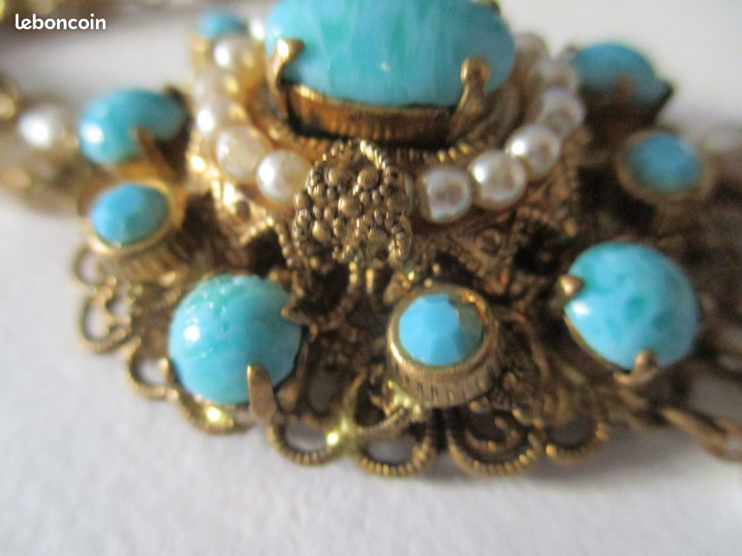 Collier Ancien Perles Pâte De Verre Bleu Turquoise - Attribué à Louis Rousselet - Occasion