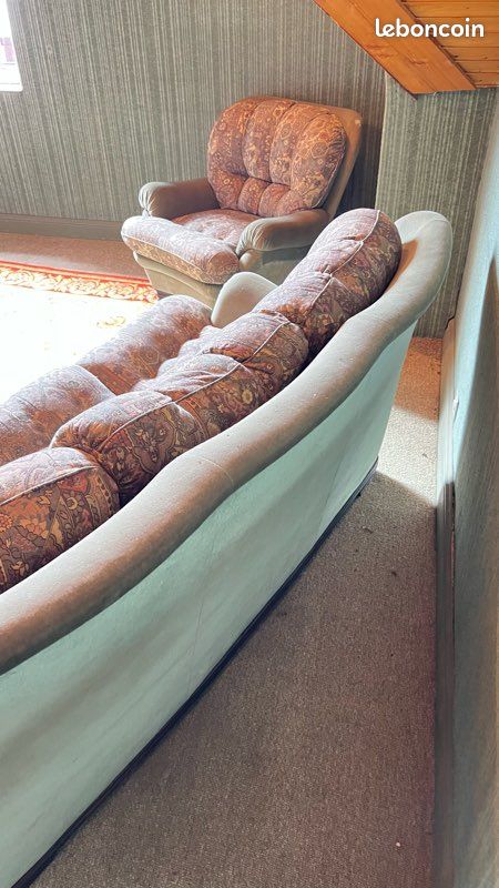 Canapé convertible 2 places + 2 fauteuils assortis – Tissu fleuri vintage (image 7)