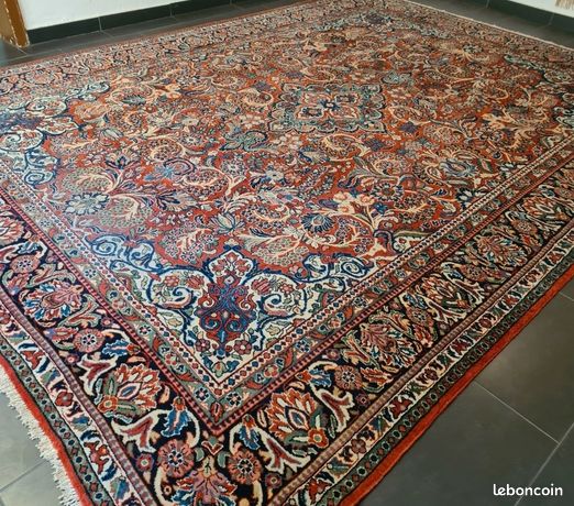 Grand Tapis Persan Vintage – 302x198cm, Laine Et Coton, Motif Oriental Vert