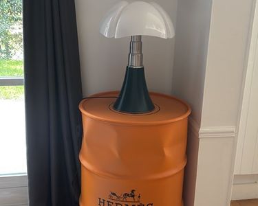 Baril HERMES 30 Litres – Décoration Industrielle, Noir Brillant/orange, Reconditionné, Table Chevet