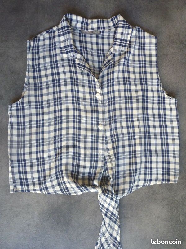 Haut Naf Naf Taille 36 – Chemisier Velours Manches Courtes Blanc Bleu – Occasion Très Bon état