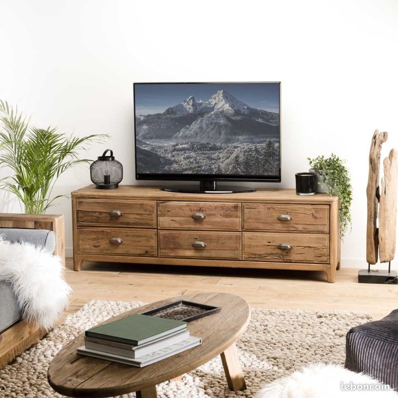 SECONDE MAIN - Meuble TV 6 tiroirs bois Pin recyclé (image 1)