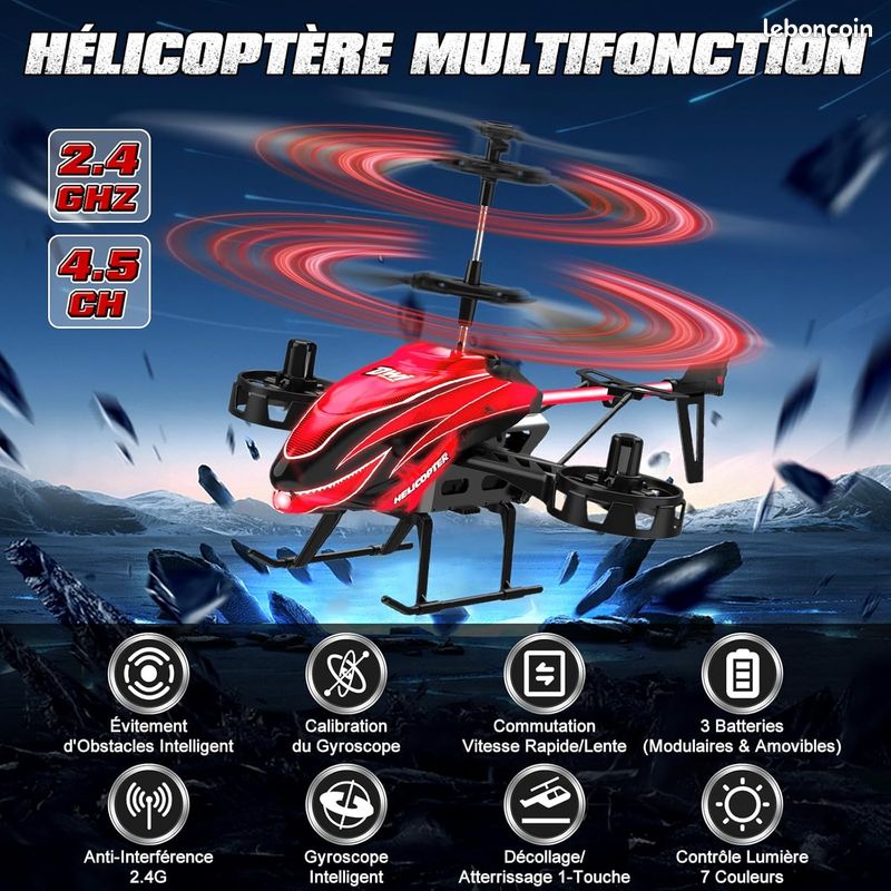 Hélicoptère Télécommandé 2.4G Avec 7 Lumières LED - 3 Batteries, 33 Minutes De Vol, Pour Enfants 6+ Ans (Rouge)