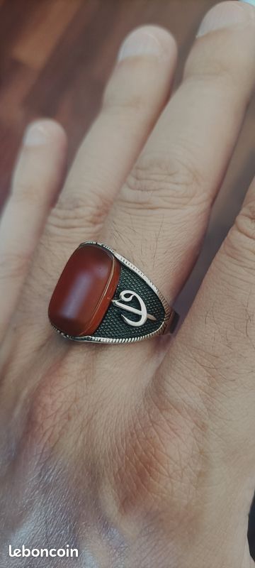 Bague homme argent 925 avec pierre Aqeeq (cornaline) – Taille 70