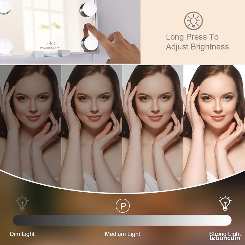 OSDUE Miroir de Maquillage hollywoodien avec lumières, Miroir Cosmétique LED, 9 Ampoules, 3 Modes de Couleur Réglables Contrôle Tactile, avec Miroir Grossissant x10, Rotation Réglable à 180 °, 30x25cm (image 6)