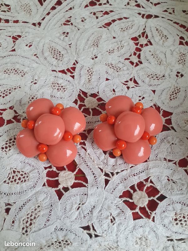 Boucles D'oreilles Fleur Bi&jou Paris - Métal Laiton émail, Vintage Art Déco, Rose/orange