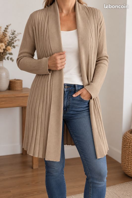 Gilet / cardigan Zucca beige maille côtelée – taille M (image 1)