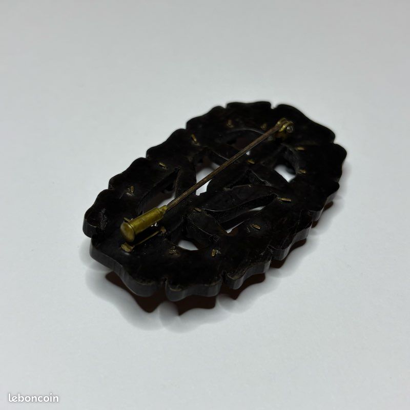 Broche De Deuil Ancienne - Jais Français, Bakélite Noire, Billettes Nacrées, état Très Bon (manques Minimes)
