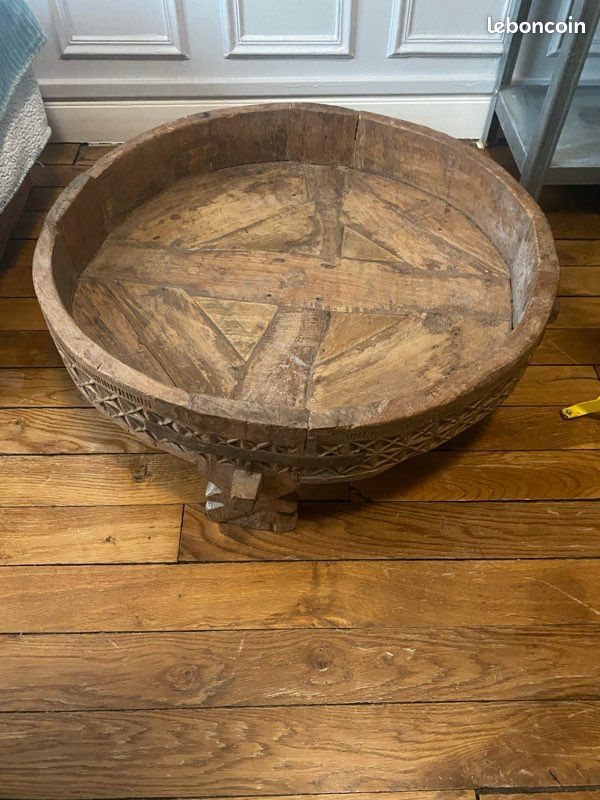 Table basse Chakki indienne - bois sculpté (ancien moulin à grain) (image 2)