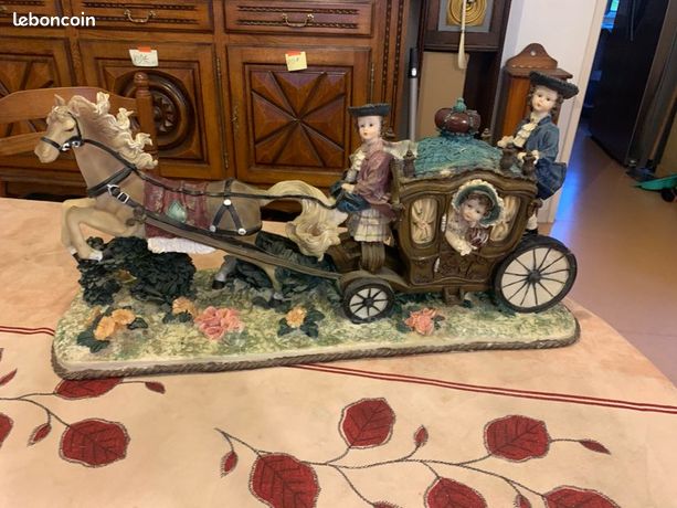 Miniature Calèche Argent 800 - Cendrillon - Roues Mobiles - Cheval - Vintage