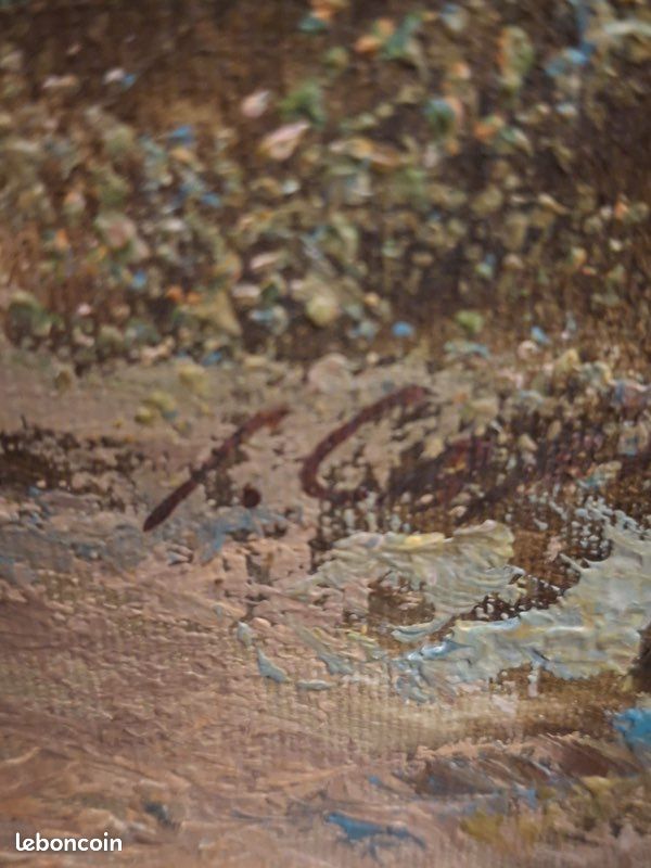 Grand tableau paysage forêt et rivière - Huile sur toile signée I. Cafieri (90x60 cm) Description : À vendre, magnifique et grande peinture à l'huile sur toile authentique, signée (image 3)