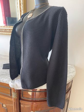 Gilet Cardigan Patrice Breal Gris Et Noir Taille 38 - Maille Rayée, Occasion Très Bon état