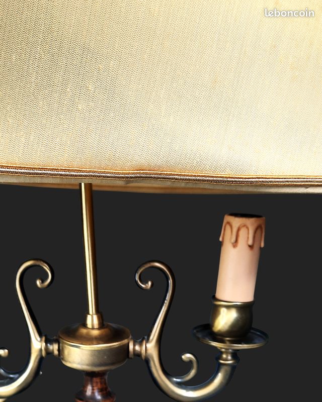 Ancienne et très belle lampe bouillotte Vintage Vacman France laiton & bois tourné 76 cm (image 11)