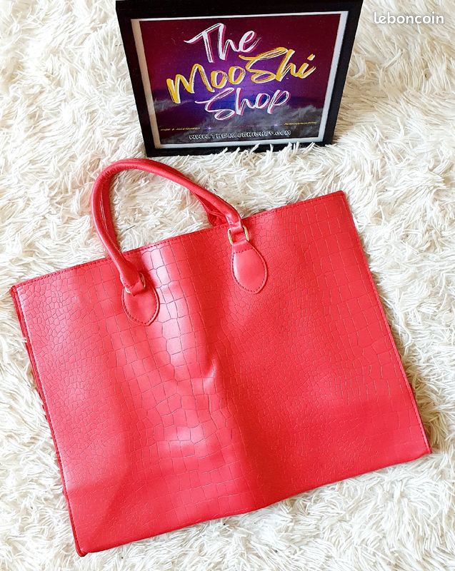 🎁 Sac à main cabas fourre-tout simili cuir croco crocodile rouge