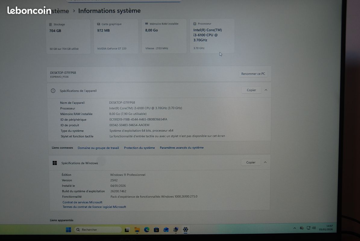 PC Fujitsu Esprimo i3 6100 / 8Go DDR4 / SSD 250Go / HDD 500Go / Nvidia GeForce Hdmi / Windows 11 pro (image 4)