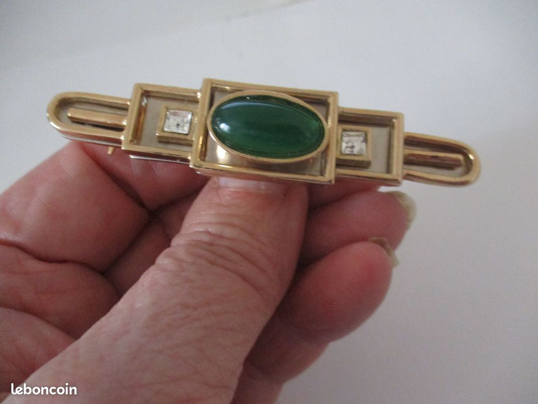 Broche Vintage P&M Paris – Métal Doré Mat Avec Cabochons Pâte De Verre, Dimensions 67x18mm
