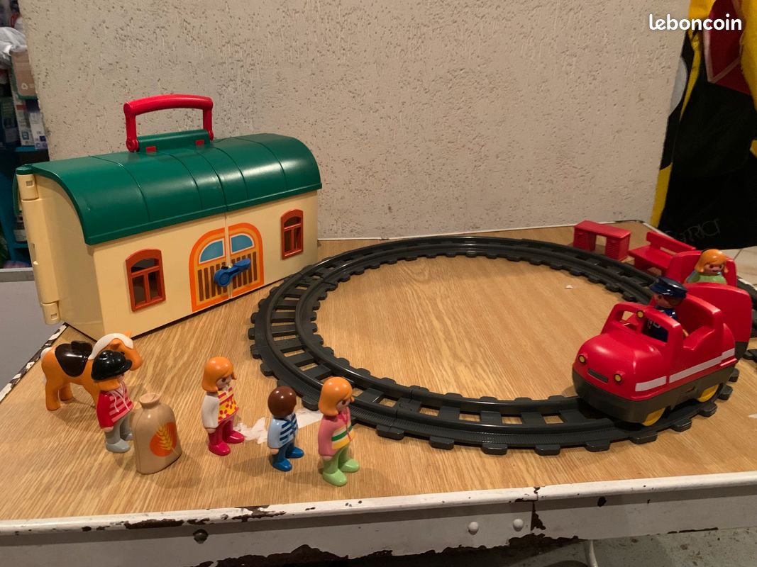 Lot Playmobil Train Et Gare - Locomotive 123, Thème Voyage, Occasion
