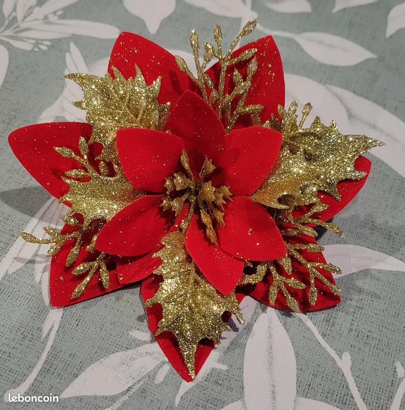 Poinsettia Artificiel Pour Noël - Lot De 10 Fleurs Rouge Et Vert à Carreaux - Diamètre 15cm - Décoration Sapin, Couronne, Guirlande