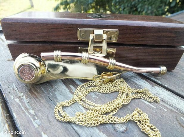Sifflet De Bosco En Laiton Massif Poli Avec Chaîne – Boîte En Palissandre Incrustée Ancre – Décor Maritime Pirate