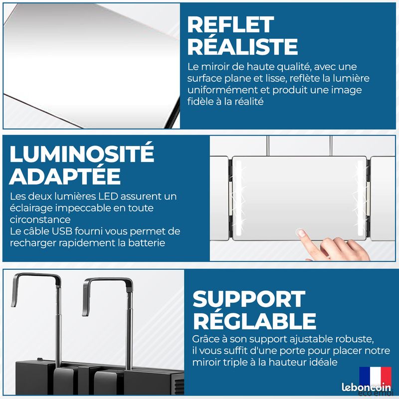 Miroir De Maquillage Double Face Avec Lumière LED, Rotation à