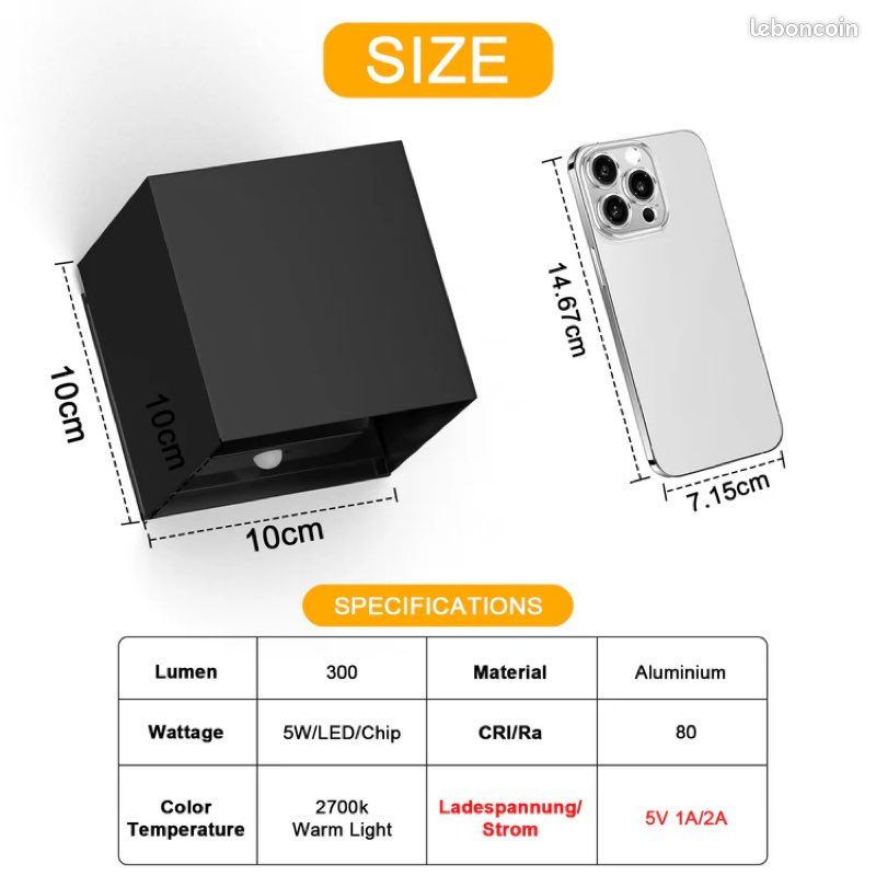 YINDUZ Lot De 2 Appliques Murales D'intérieur Modernes à Piles Sans Fil, Abat-jour En Métal Avec