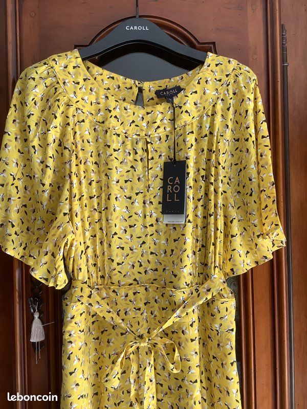 Haut Fluide Caroll – Taille 44, Imprimé Fleuri Bleu Blanc Jaune, Viscose