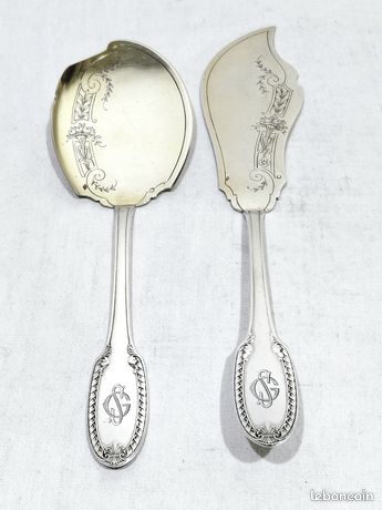HENIN & Cie : Couvert de service à glace 2 pièces en argent massif, poinçon Minerve 1