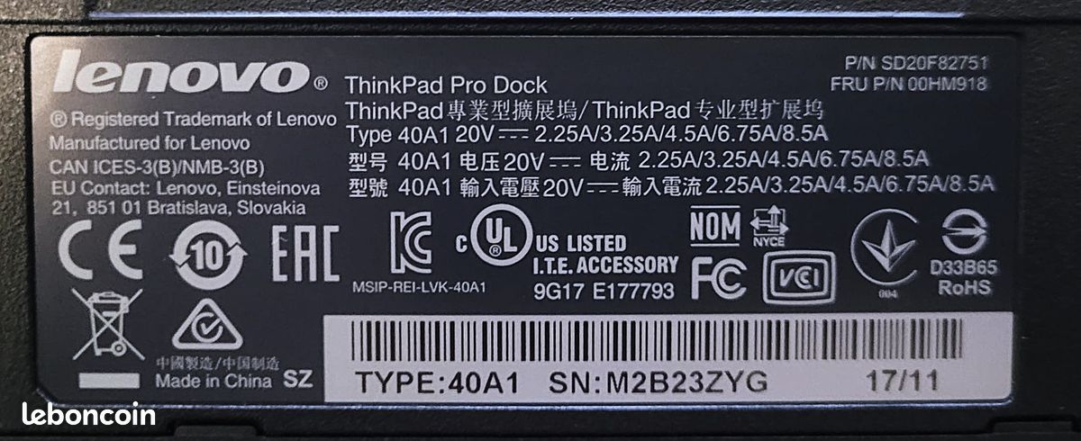 Station d'accueil Lenovo ThinkPad Pro Dock Type 40A1 / 04W3948