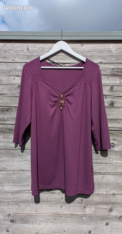 Haut vintage Y2K col froncé violet/prune – taille L - Vêtements
