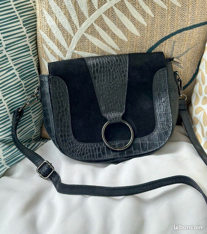 Sac bandoulière cuir et daim effet croco noir Vera Pelle – fabriqué en Italie (image 1)