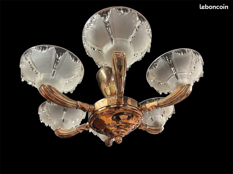Lustre art déco en cuivre verrerie Ezan (image 2)