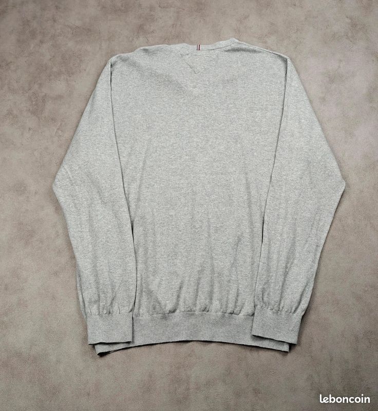 Sweat Tommy Hilfiger [XXL] 100% coton col V logo brodé homme pull gris #TH364 (image 3)