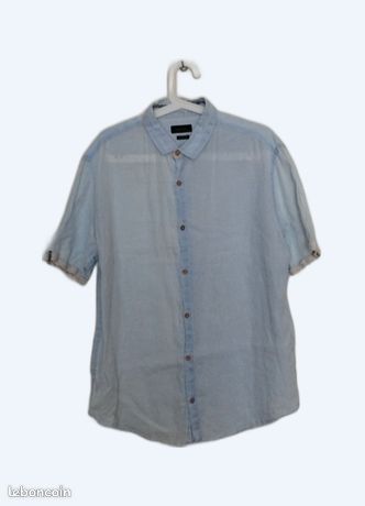 Chemise Homme En Lin Bleu Jean ZARA - Taille L, Col Ras Du Cou - Occasion Parfait état