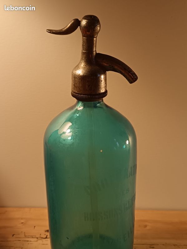 Siphon eau de seltz ancien en verre bleu turquoise – début XXe siècle – vintage déco (image 1)