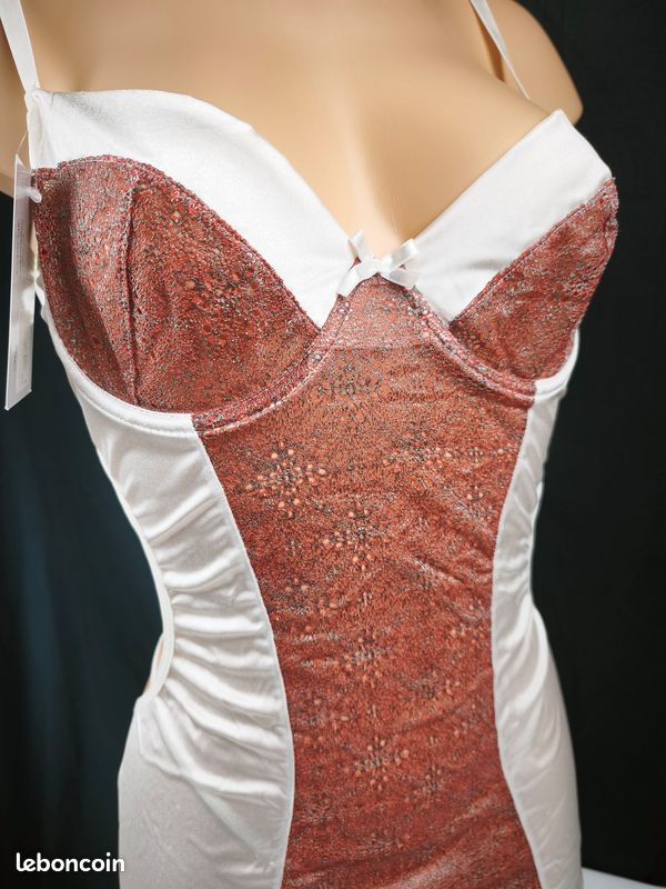 Nuisette satinée chic & raffinée + String assorti – Blanc Nacré & Rose Poudré – Neuf - Tailles S/M 36-38 et L/XL 40-42 (image 2)